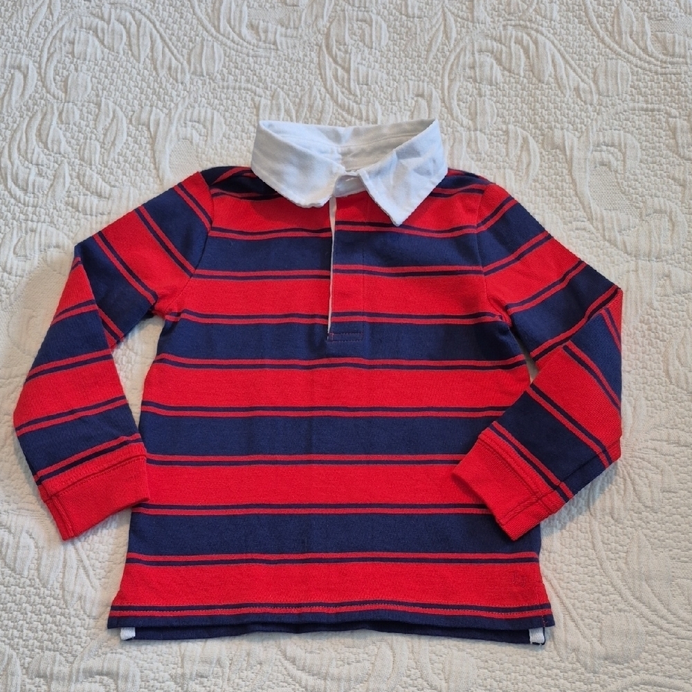 Janie and Jack boys 2T blue & red long sleeve polo shirt, white collar EUC